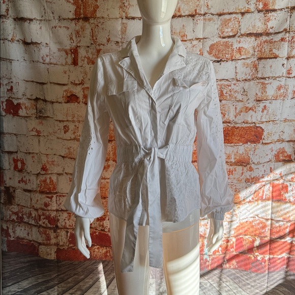 White House Black Market Tie-Waist Embroidered Poplin Shirt - Picture 3 of 7